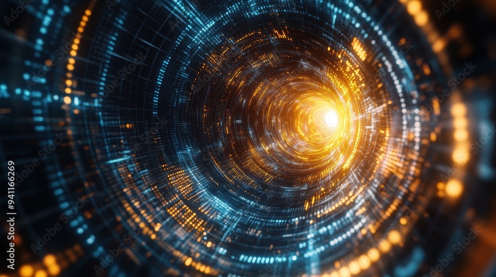 Poster abstract digital tunnel with glowing light and data streams