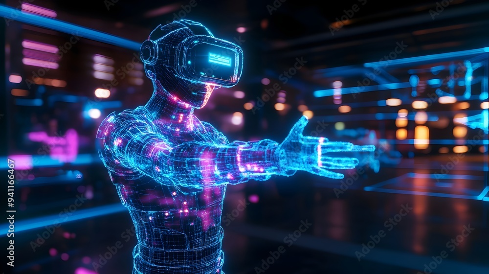 Poster digital twins seamlessly interacting in a futuristic virtual environment in real time showcasing the