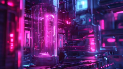 Innovative and cutting edge technology gadget with a sleek futuristic design and advanced intelligence set against a neon lit cyberpunk inspired urban cityscape