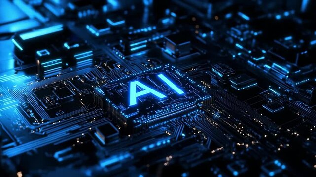 Artificial intelligence in the form of a luminous inscription AI on a computer board, symbolizing the technologies of the future