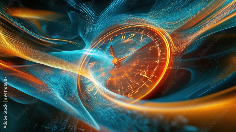 Poster abstract clock with flowing light and time concept