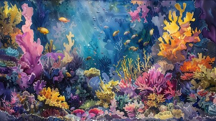 Littoral zone teeming with marine life, Fantasy, Vibrant, Watercolor, Highlighting coastal ecology