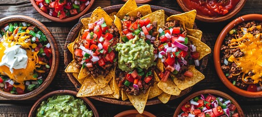 Fototapeta premium Nachos with different toppings, like ground beef, chopped tomatoes, onions on a wooden table