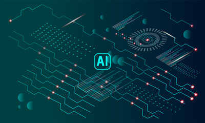 Fototapeta premium Ai tech, data circuit board background dark blue