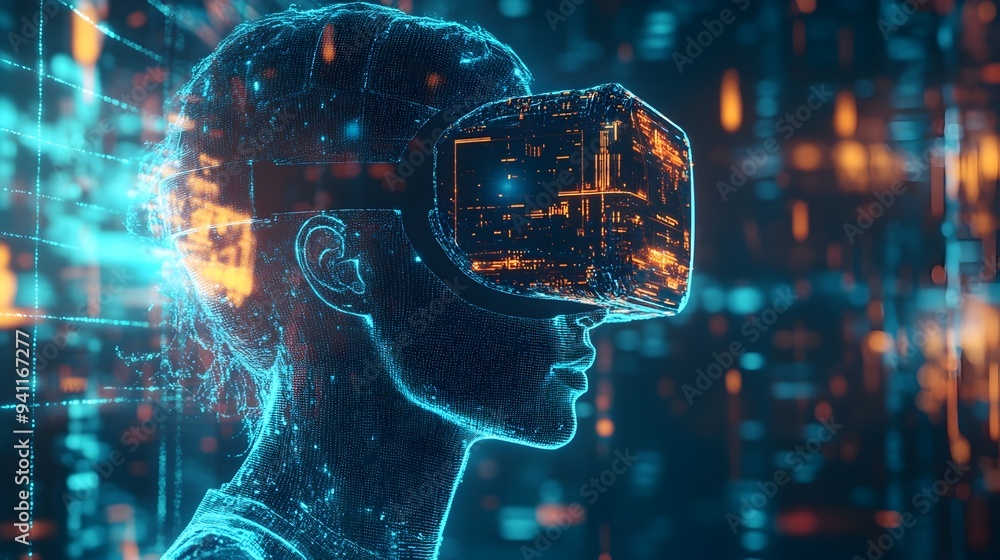 Poster futuristic digital human twin model rendered in a clean minimalist virtual reality environment with 