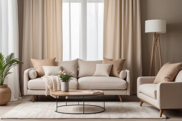 Beige Living Room with a Sofa, Armchair, and Coffee Table