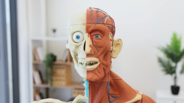 Detailed human anatomy model displaying half skeletal and half muscular system with focus on anatomy, medical education, and biology studies.