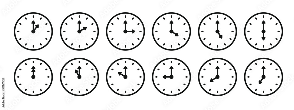 Poster a set of 12 clock icons, editable clock icon sheet showing different time on every clock, time passi