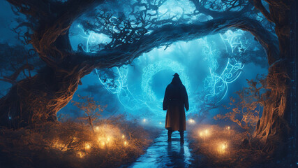 Obraz premium Mysterious Figure Standing Before Glowing Portal in Enchanting Forest 