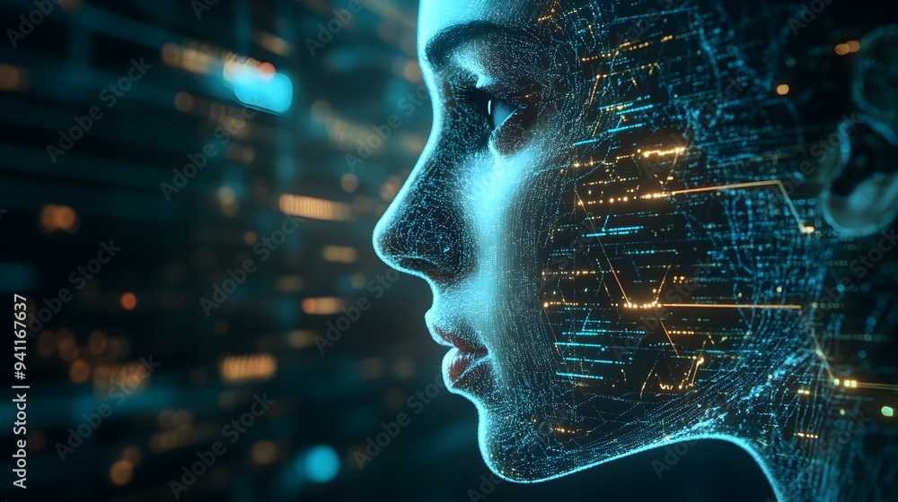 Poster a captivating close up view of a virtual digital twin displaying intricate data overlays