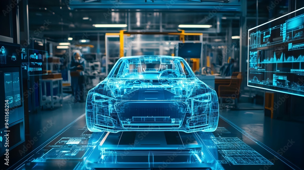 Poster futuristic 3d render of a sleek modern automobile digital twin in a minimalist virtual testing envir