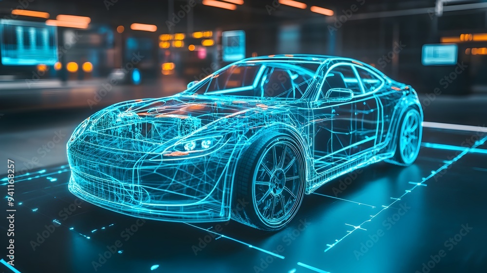 Poster digital twin of an automotive prototype in a virtual testing environment showcasing the latest advan