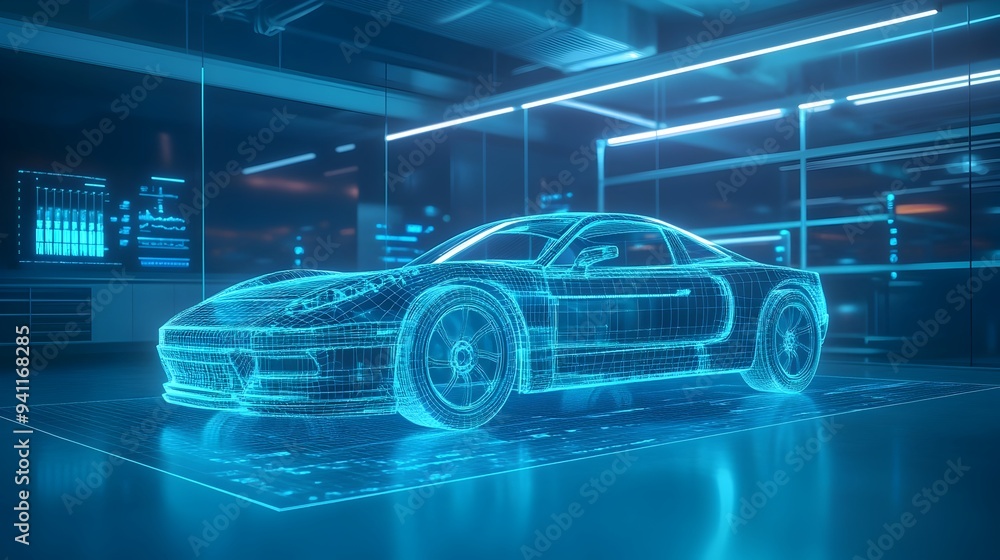 Poster a digital twin representation of a car model in a simulated virtual testing environment