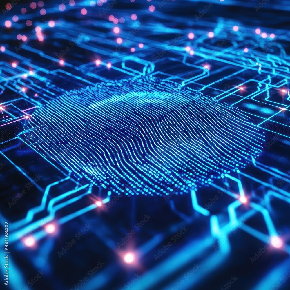 Poster abstract fingerprint on futuristic circuit board with glowing lines - digital security and technolog