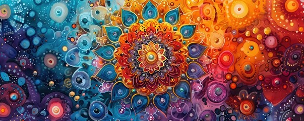 Mandala art with intricate patterns, Fantasy, Symmetrical, Watercolor, Emphasizing meditation
