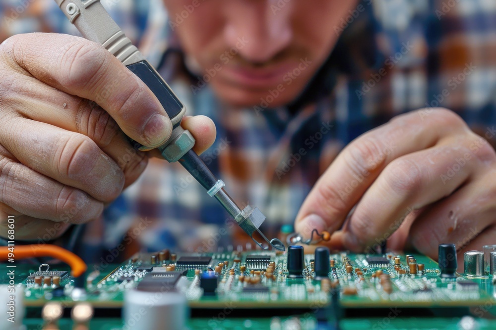 Poster a close-up view of an engineer assembling electronic components on a circuit board