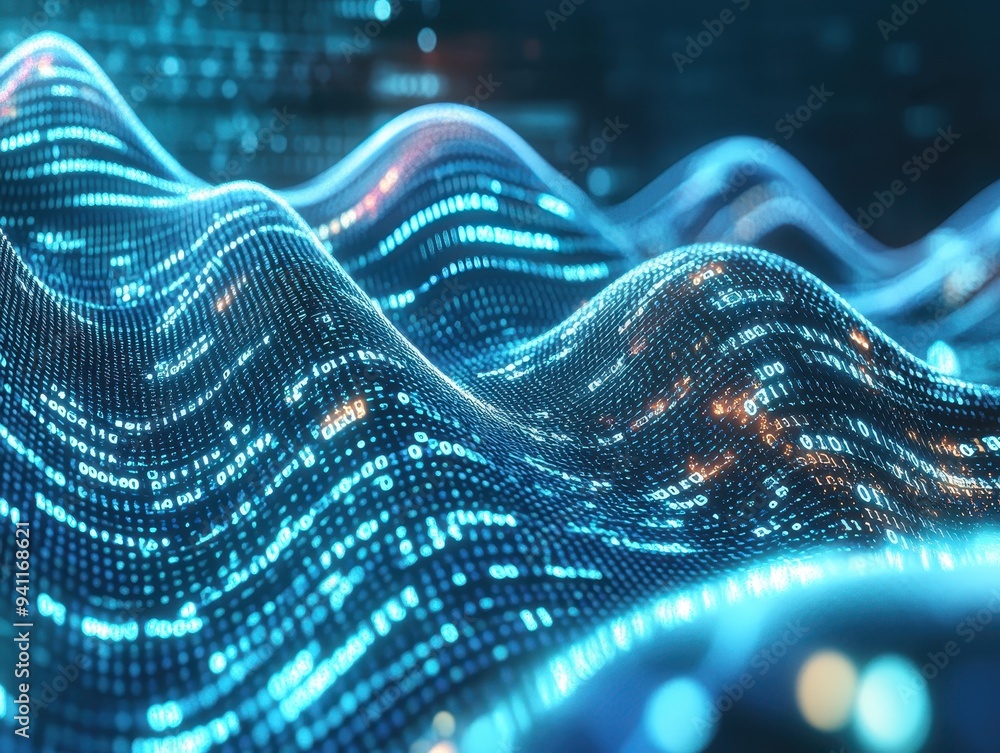 Poster abstract blue binary code digital data wave background.