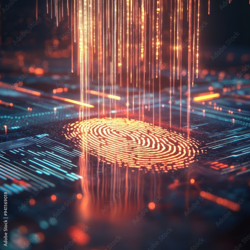 Poster abstract fingerprint with data stream - digital security and technology concept.