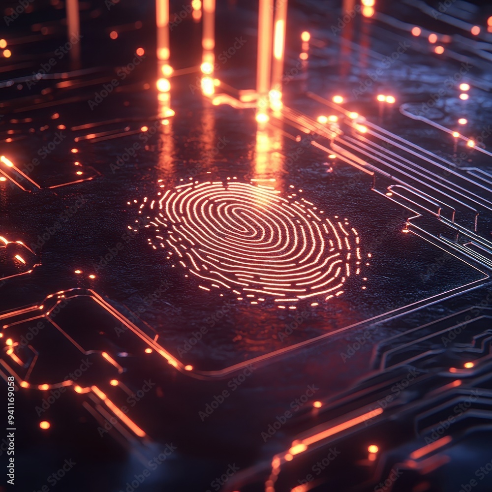 Poster glowing fingerprint scan on circuit board - futuristic cyber security concept.