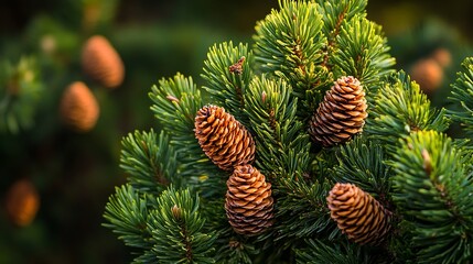 Close-up of pine cones on a branch of a pine tree.