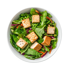 Healthy vegetarian tofu salad with fresh leafy greens and colorful vegetables