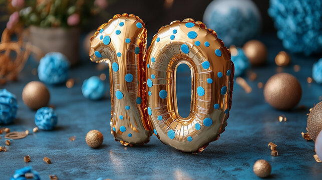 Golden foil balloon shaped as ten 10 number year date against creative mockup background