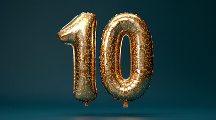 Golden foil balloon shaped as ten 10 number year date against creative mockup background