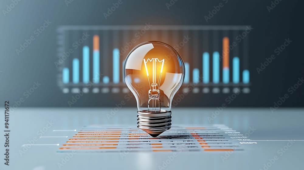Poster illuminating business goals: light bulb on data dashboard with highlighted goals in background