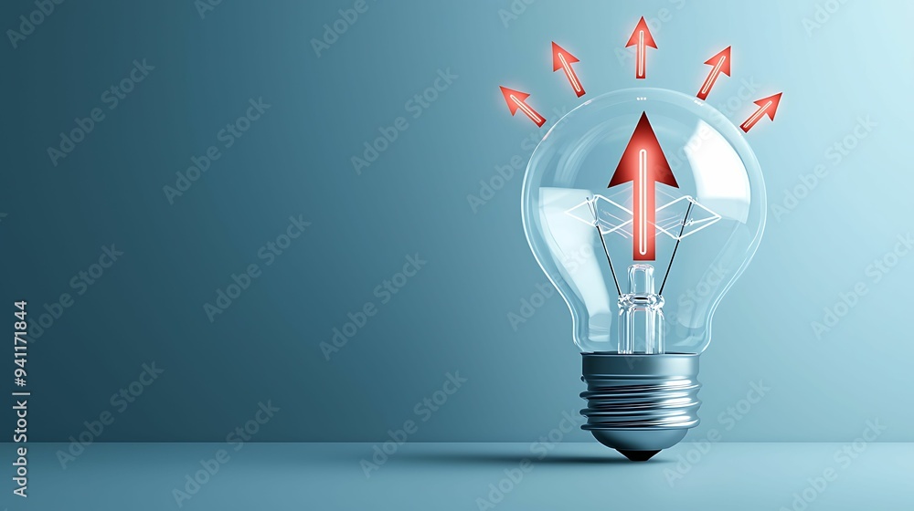 Poster illuminating progress: light bulb glowing with upward arrows - concept of insight and growth with co