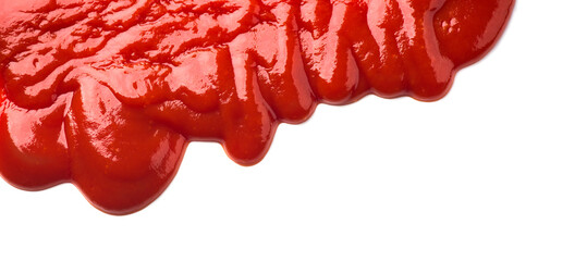 Ketchup isolated on white background, tomato sauce border design, top view. Natural tasty Ketchup dripping down white background, closeup
