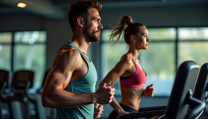 Naklejka premium Side profile of a male and female running on a treadmill at the gym, focus on the man. young girl in gym, gym running, gym background 