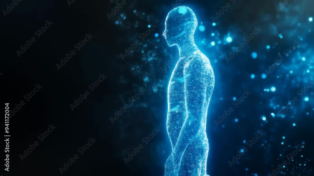 Poster futuristic image of a man made of glowing particles in space, symbolizing technology and digital evo
