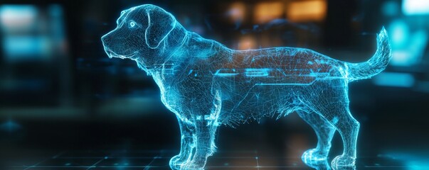 Futuristic holographic dog representation showcasing advanced technology and innovation in pet care and training.