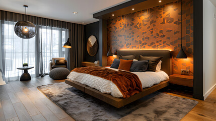 A contemporary bedroom design featuring a statement wall with geometric wallpaper, a platform bed with a plush headboard, and sleek, modern lighting fixtures