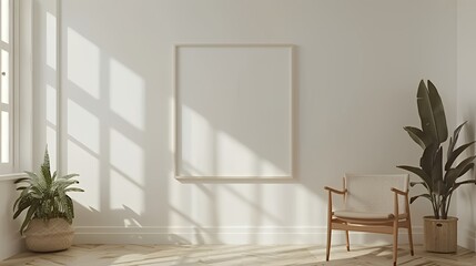 A minimalist interior with a blank frame, plant, and chair, emphasizing simplicity and light.