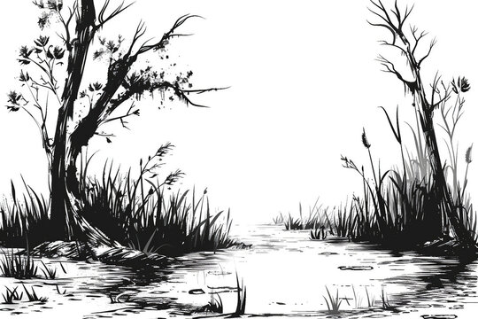 Black and white sketch of swamp with trees and reeds. Wetland monochrome illustration
