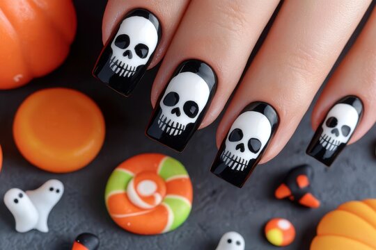Simple black and white Halloween nails with spooky skull and bone designs, surrounded by Halloween props like candy, mini ghosts, and tiny bats, skull nails, Halloween nail art