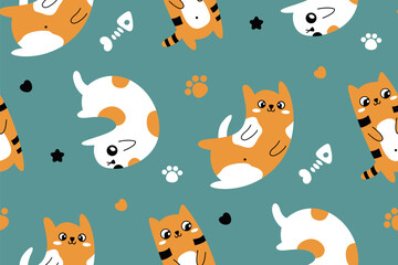 Seamless pattern, cute abstract ornament, surface design with cartoon cats. Pretty funny kittens, hearts and paws on green background. Pattern with pets, isolated baby animals. Vector illustration.