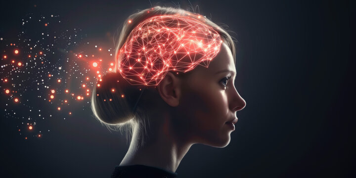 Young woman in profile with neon imaginary neural network in the shape of brain on black background