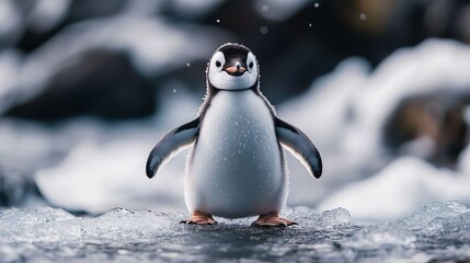 Obraz premium Baby penguin on snow-covered ground perfect for winter and animal-themed images