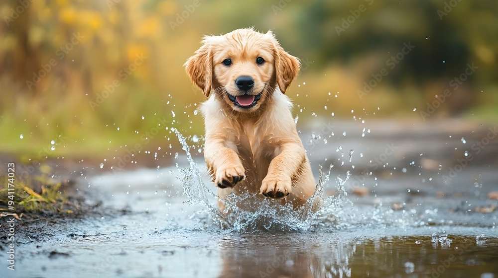 Poster adorable golden retriever puppy happily splashing in a shallow puddle surrounded by lush green grass