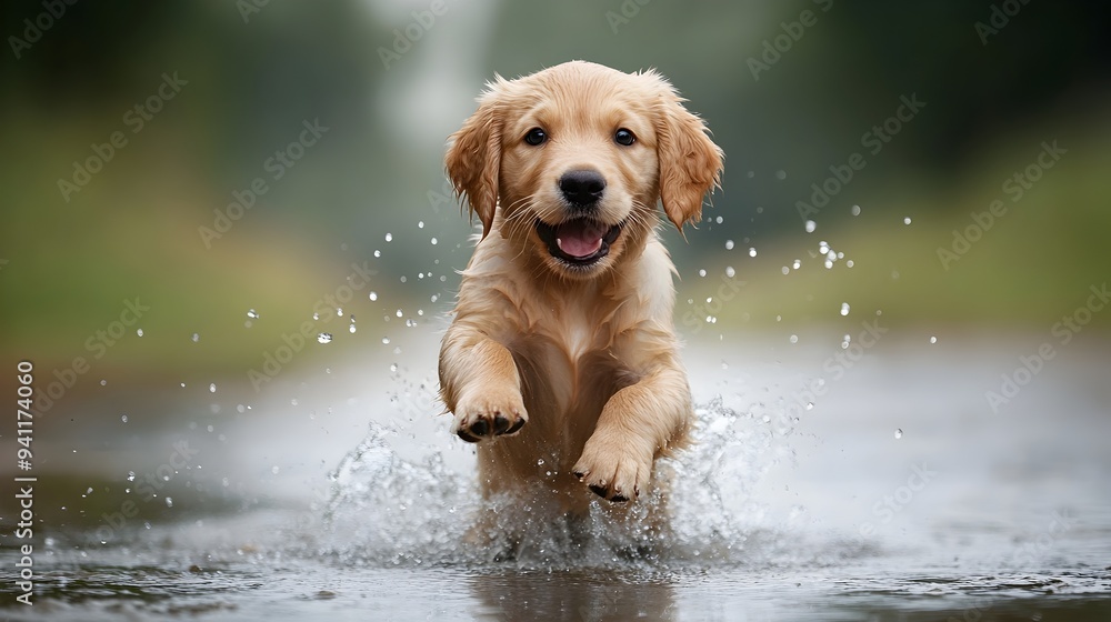 Poster a joyful and energetic golden retriever puppy playfully splashing around in a shallow puddle creatin