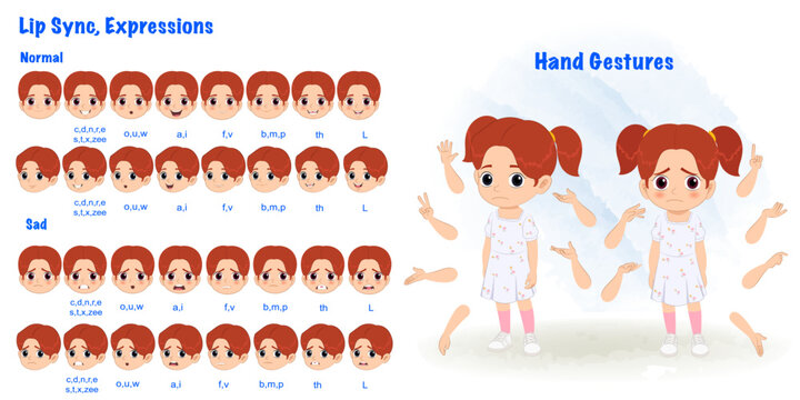 A cute little sad girl cartoon character creation set with lip sync and hand gesture. Sad girl cartoon character front and 1/3 standing pose