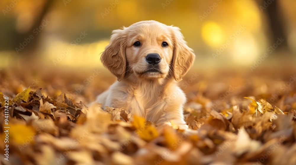 Poster adorable golden retriever puppy exploring a pile of colorful autumn leaves in a peaceful natural set