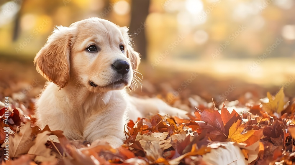 Poster a playful and curious golden retriever puppy exploring a vibrant pile of autumn leaves with plenty o