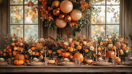 Stunning served to Thanksgiving holiday table, family meeting, decorated with balloons room