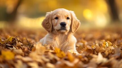 Adorable Golden Retriever puppy exploring a pile of colorful autumn leaves in a peaceful natural setting with ample copy space for text or design overlay