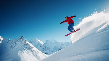 A snowboarder performing a thrilling jump in mid-air, with snow-capped mountains in the background.