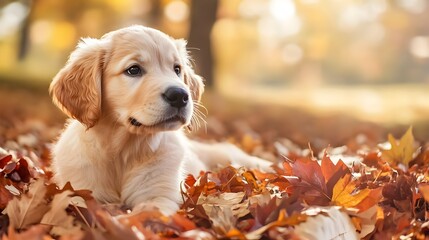 A playful and curious Golden Retriever puppy exploring a vibrant pile of autumn leaves with plenty of copy space around the edges for text or design elements