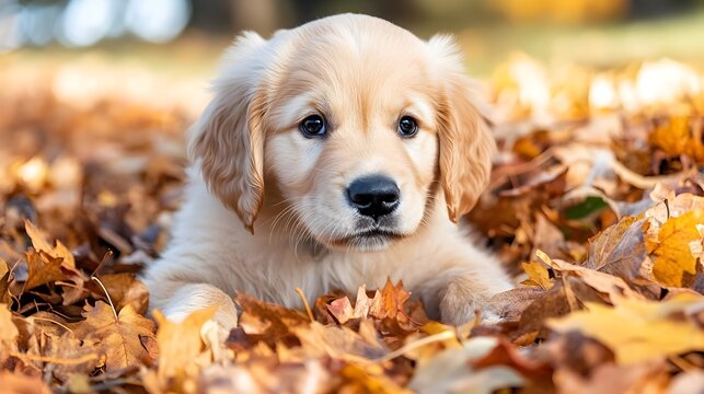 Adorable golden retriever puppy curiously exploring a pile of colorful autumn leaves in a natural outdoor setting with copy space for text or design